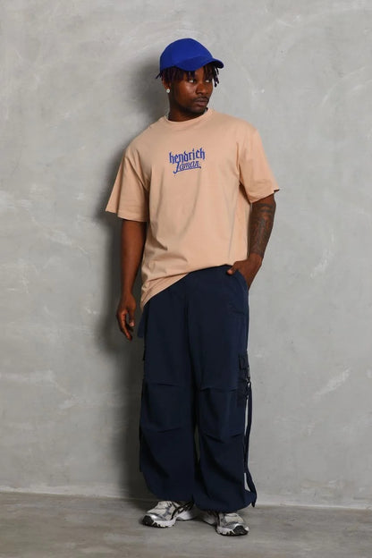 Unisex Oversize Baskılı Bisiklet Yaka T-Shirt - Mavi