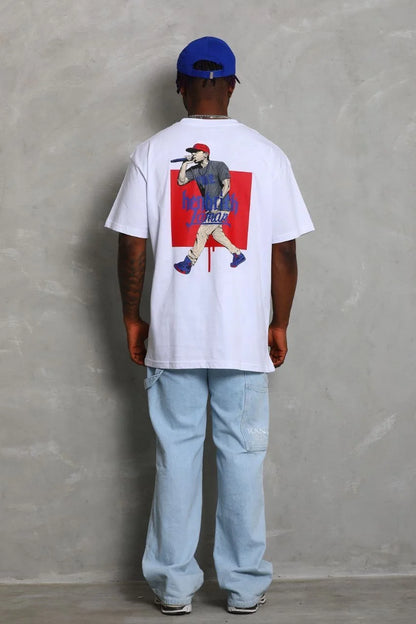 Unisex Oversize Baskılı Bisiklet Yaka T-Shirt - Mavi