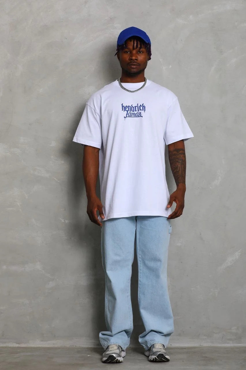 Unisex Oversize Baskılı Bisiklet Yaka T-Shirt - Mavi