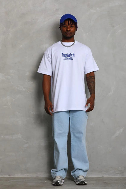 Unisex Oversize Baskılı Bisiklet Yaka T-Shirt - Mavi