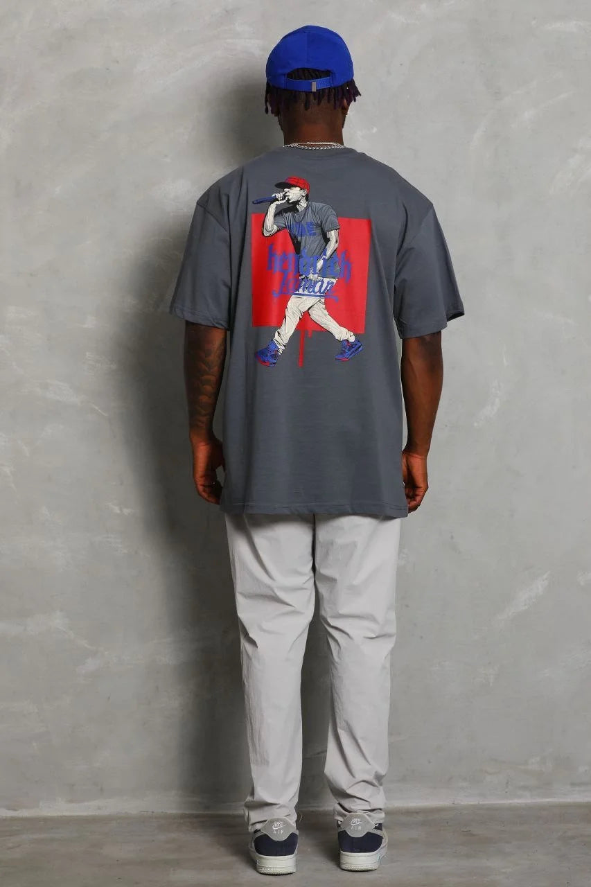 Unisex Oversize Baskılı Bisiklet Yaka T-Shirt - Mavi