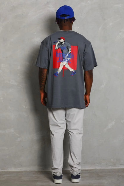 Unisex Oversize Baskılı Bisiklet Yaka T-Shirt - Mavi