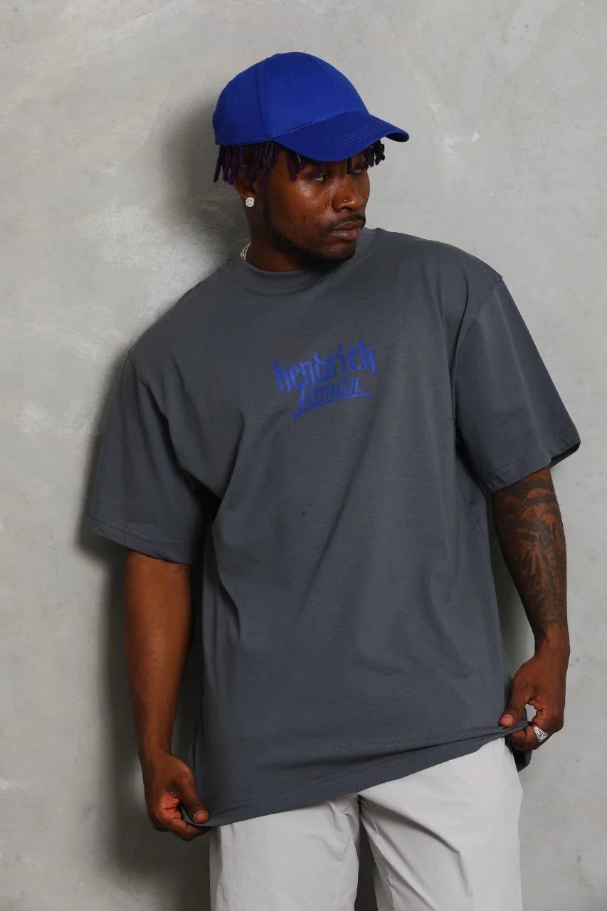 Unisex Oversize Baskılı Bisiklet Yaka T-Shirt - Mavi