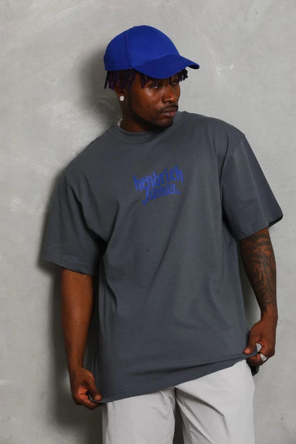 Unisex Oversize Baskılı Bisiklet Yaka T-Shirt - Mavi