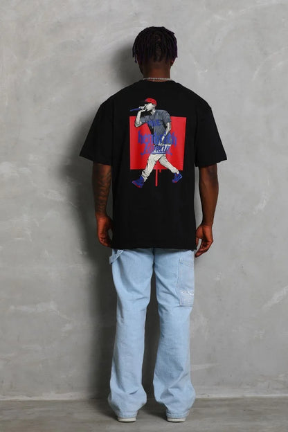 Unisex Oversize Baskılı Bisiklet Yaka T-Shirt - Mavi