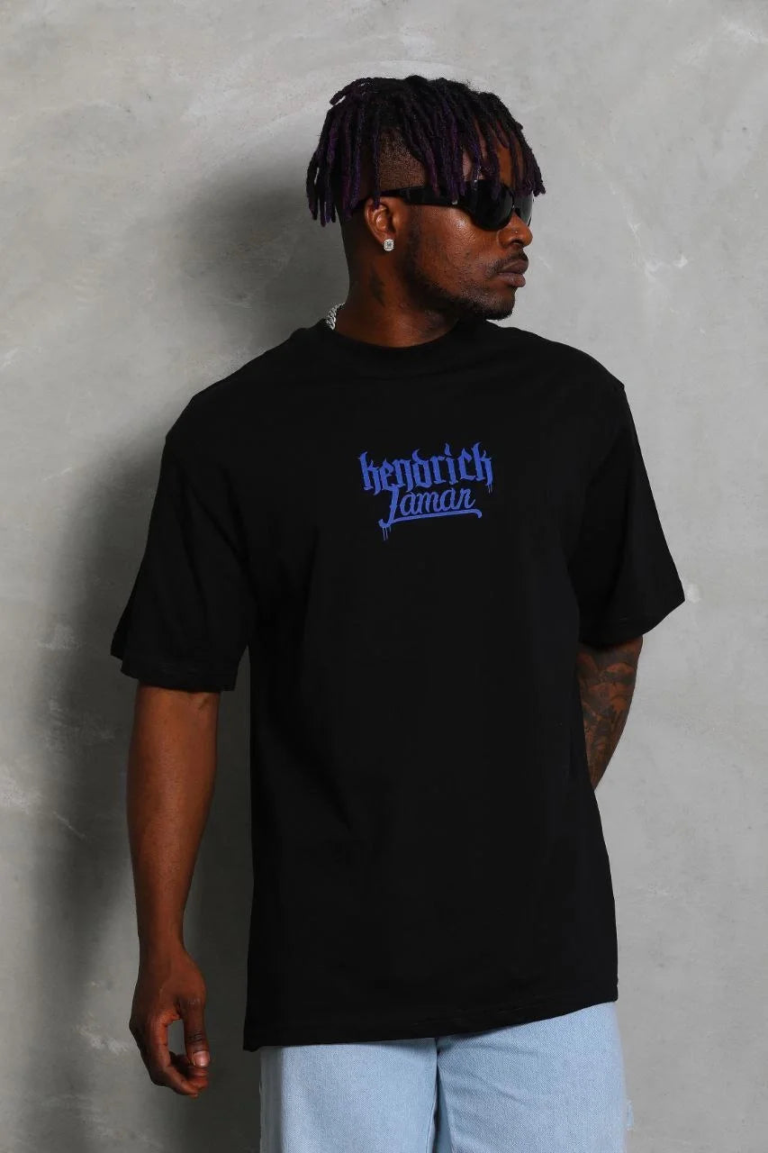 Unisex Oversize Baskılı Bisiklet Yaka T-Shirt - Mavi