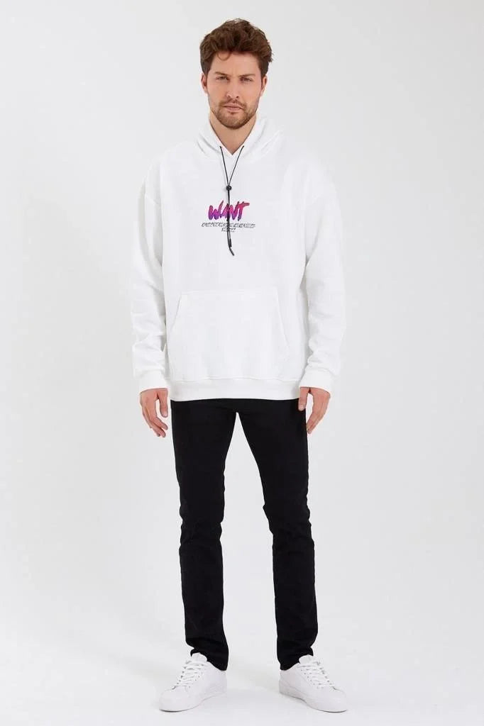 Erkek Baskılı Üç İplik Kapüşonlu Oversize Sweatshirt - Siyah