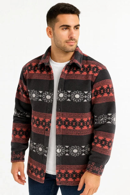 Erkek Desenli Polar Gömlek – Etnik Şerit Desen Yakalı, Uzun Kollu, Düğmeli, Oversize Rahat Kalıp - Sarı