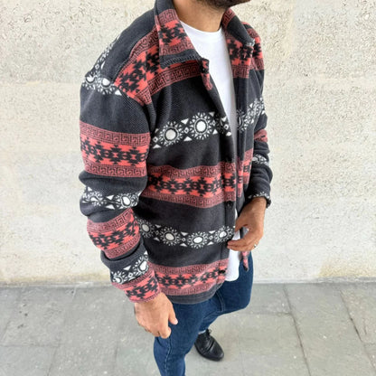 Erkek Desenli Polar Gömlek – Etnik Şerit Desen Yakalı, Uzun Kollu, Düğmeli, Oversize Rahat Kalıp - Sarı