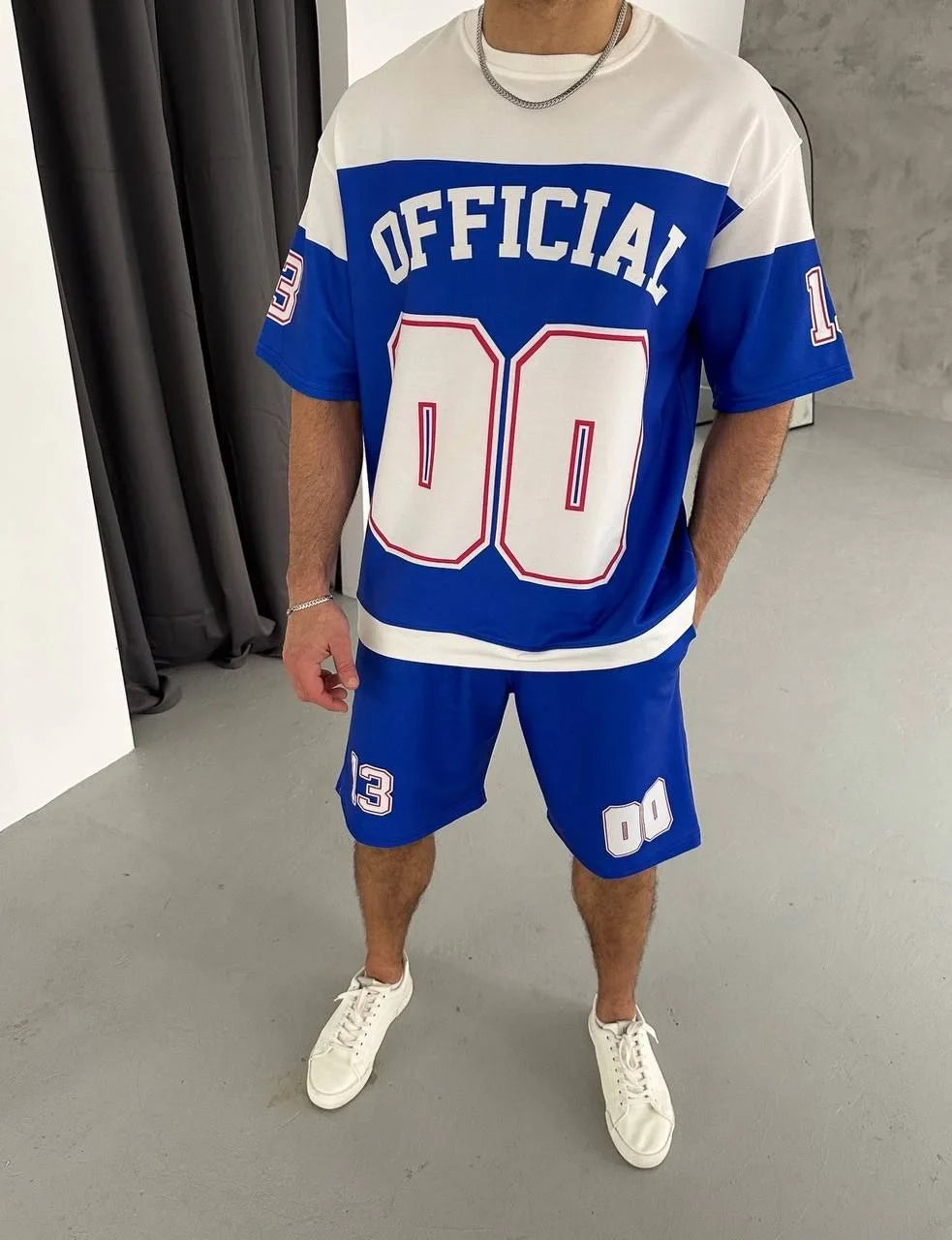 Erkek Şortlu Takım – Oversize İki İplik Kumaş, Ön & Arka Dijital Baskılı Tişört ve Lastikli Cepli Şort, Yazlık Günlük Spor Set - Mavi