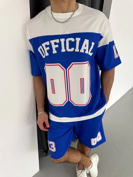 Erkek Şortlu Takım – Oversize İki İplik Kumaş, Ön & Arka Dijital Baskılı Tişört ve Lastikli Cepli Şort, Yazlık Günlük Spor Set - Mavi