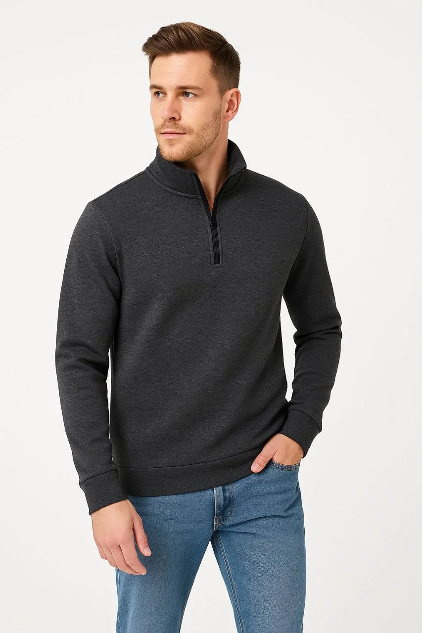 Erkek Dik Yaka Sweatshirt Dik Yaka Yarım Fermuarlı 3 İplik Şardonlu Pamuk Kumaş - Beyaz