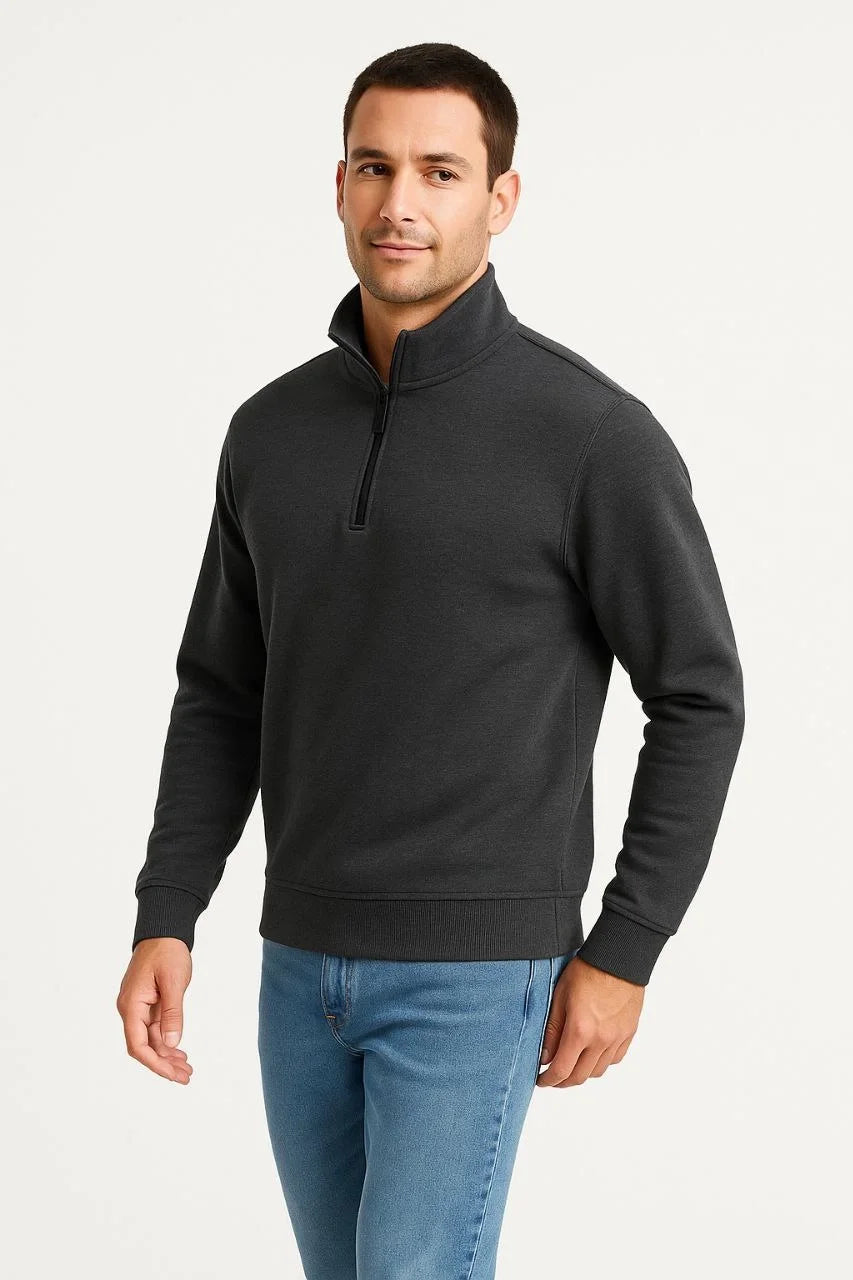 Erkek Dik Yaka Sweatshirt Dik Yaka Yarım Fermuarlı 3 İplik Şardonlu Pamuk Kumaş - Beyaz