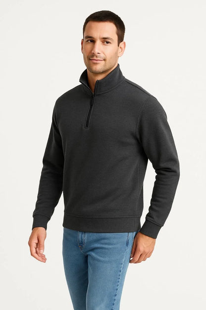 Erkek Dik Yaka Sweatshirt Dik Yaka Yarım Fermuarlı 3 İplik Şardonlu Pamuk Kumaş - Beyaz