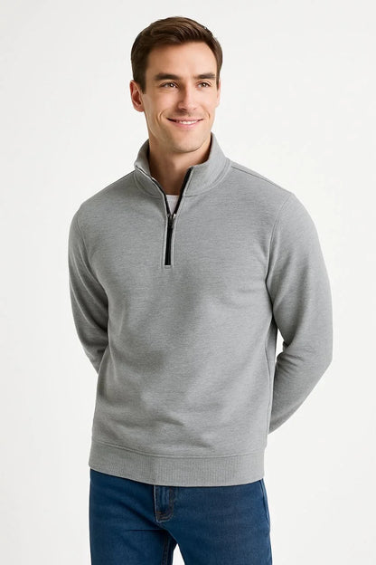 Erkek Dik Yaka Sweatshirt Dik Yaka Yarım Fermuarlı 3 İplik Şardonlu Pamuk Kumaş - Beyaz