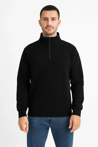 Erkek Dik Yaka Sweatshirt Dik Yaka Yarım Fermuarlı 3 İplik Şardonlu Pamuk Kumaş - Beyaz