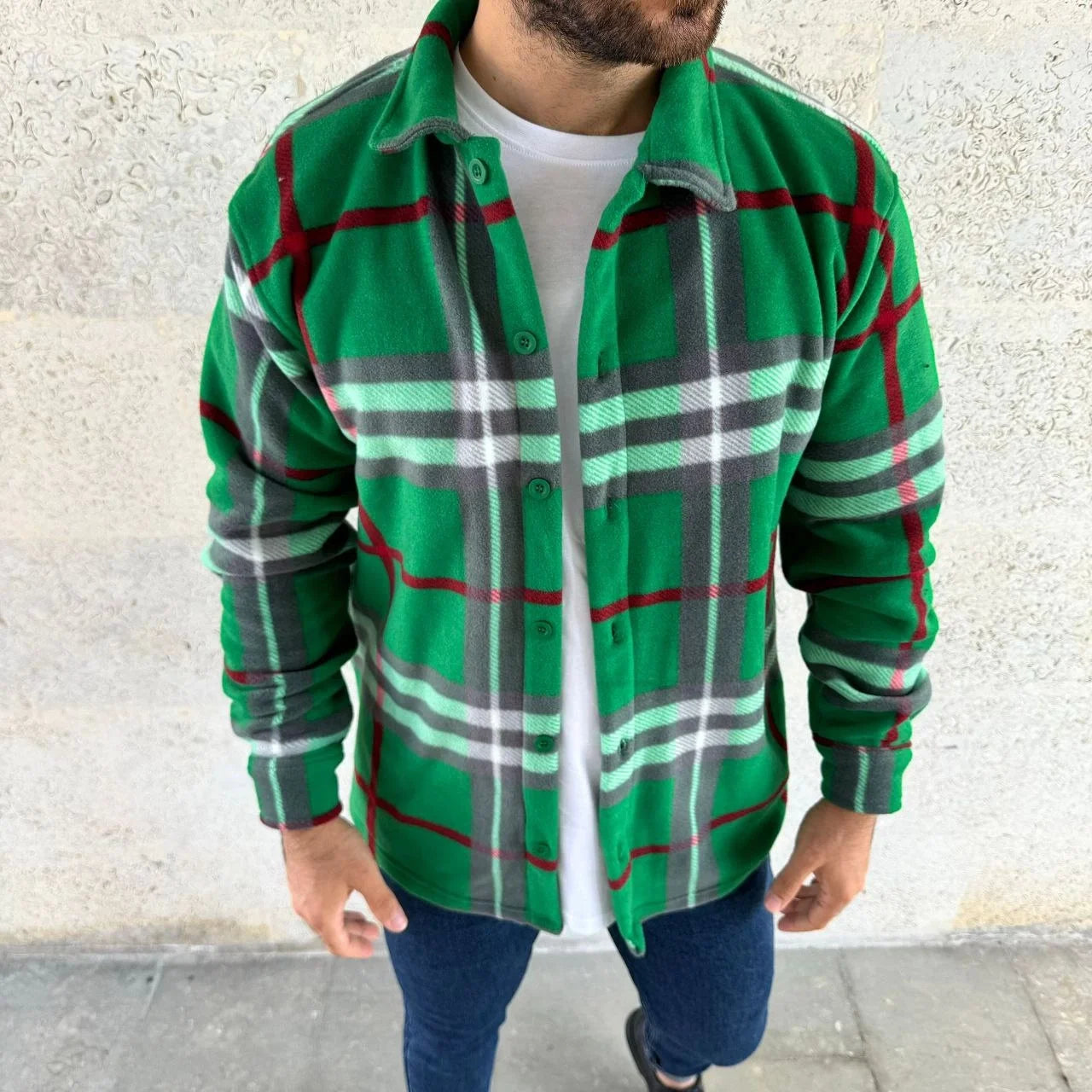 Erkek Ekose Desenli Düğmeli Polar Yakalı Uzun Kollu Gömlek Oversize Rahat Kalıp - Füme