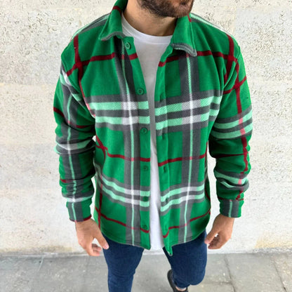 Erkek Ekose Desenli Düğmeli Polar Yakalı Uzun Kollu Gömlek Oversize Rahat Kalıp - Füme