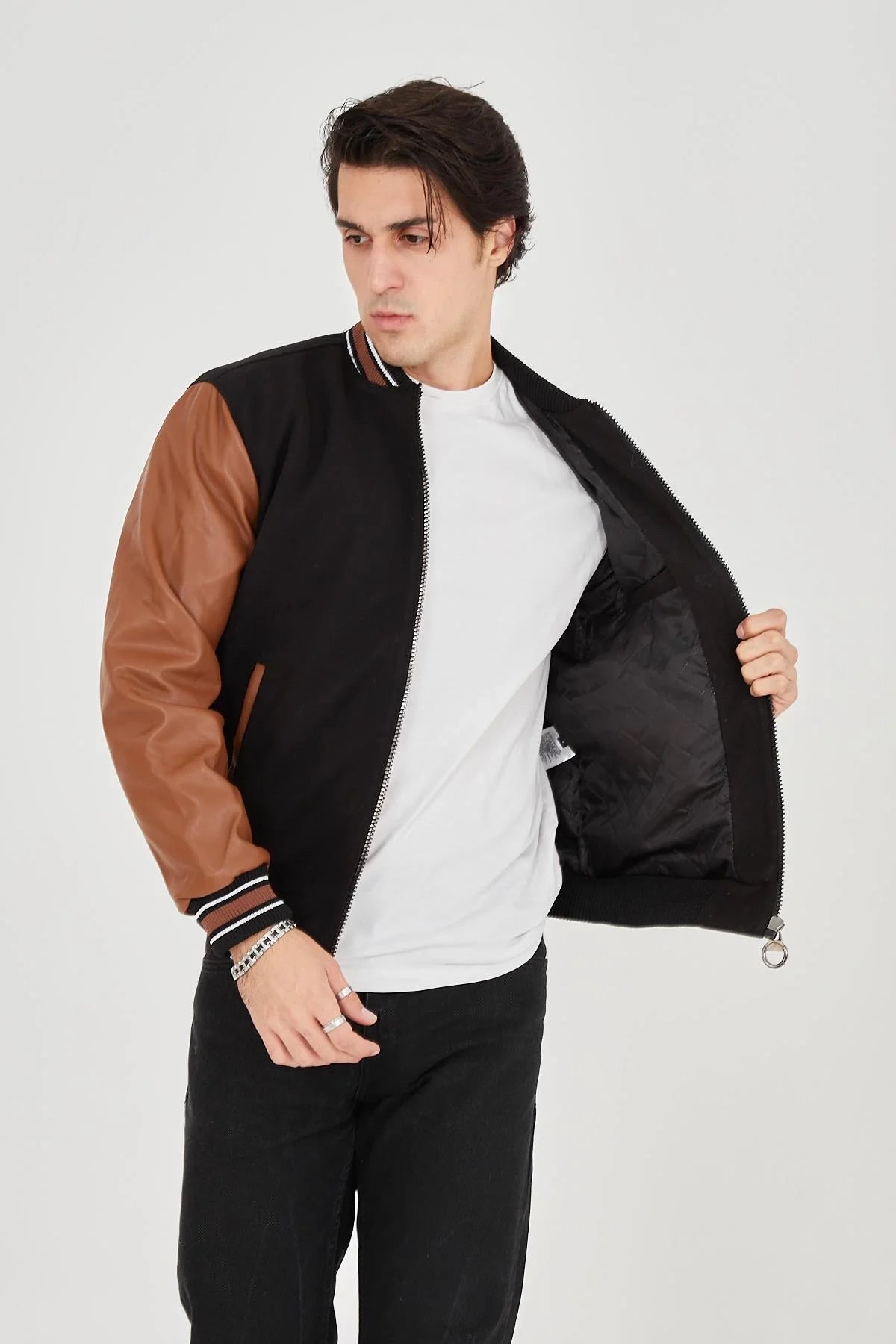 Erkek İçten Elyaf ve Astarlı Kolları Suni Deri Ceket - Mavi