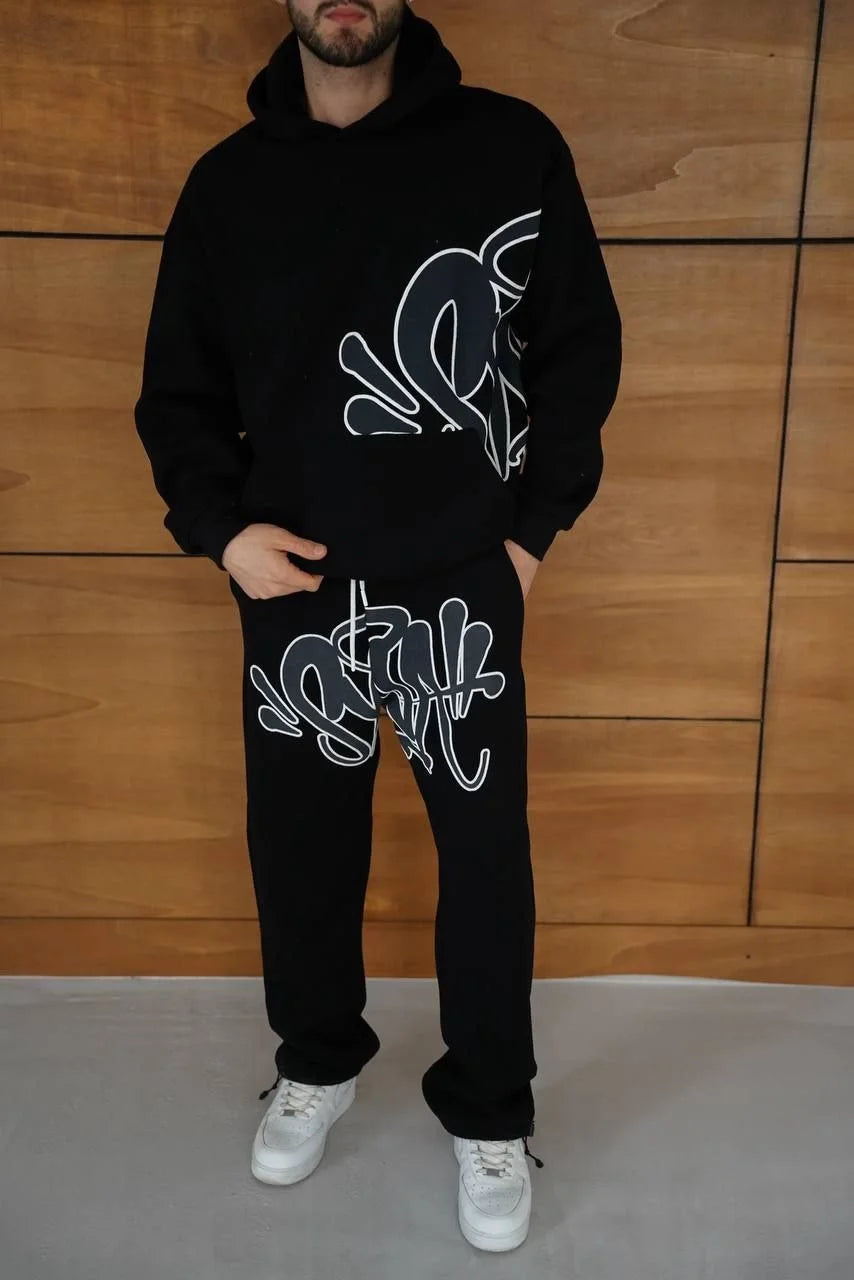 Erkek Kapüşonlu Eşofman Takım Graffiti Baskılı  Oversize Rahat Kalıp, Kanguru Cepli, Streetwear Tarzında Premium Ürün 3 iplik Pamuklu - Beyaz