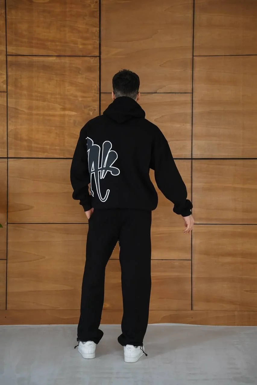 Erkek Kapüşonlu Eşofman Takım Graffiti Baskılı  Oversize Rahat Kalıp, Kanguru Cepli, Streetwear Tarzında Premium Ürün 3 iplik Pamuklu - Beyaz