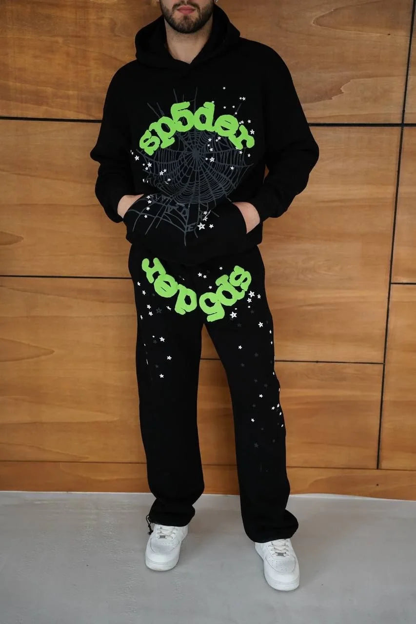 Erkek Kapüşonlu Eşofman Takım Örümcek Ağı ve Neon Yeşil Baskılı Kanguru cepli Oversize Rahat Kalıp, Premium Üç İplik Kumaş - Siyah