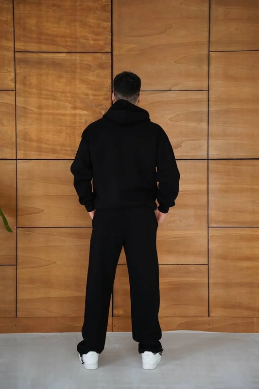 Erkek Kapüşonlu Eşofman Takım Örümcek Ağı ve Neon Yeşil Baskılı Kanguru cepli Oversize Rahat Kalıp, Premium Üç İplik Kumaş - Siyah