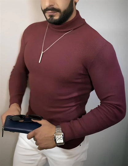 Erkek Tam Boğazlı Fitilli Kaşkorse Triko – Likralı, Extra Dar Kesim Slimfit, Yumuşak Kaşmir Dokulu Model - Bordo