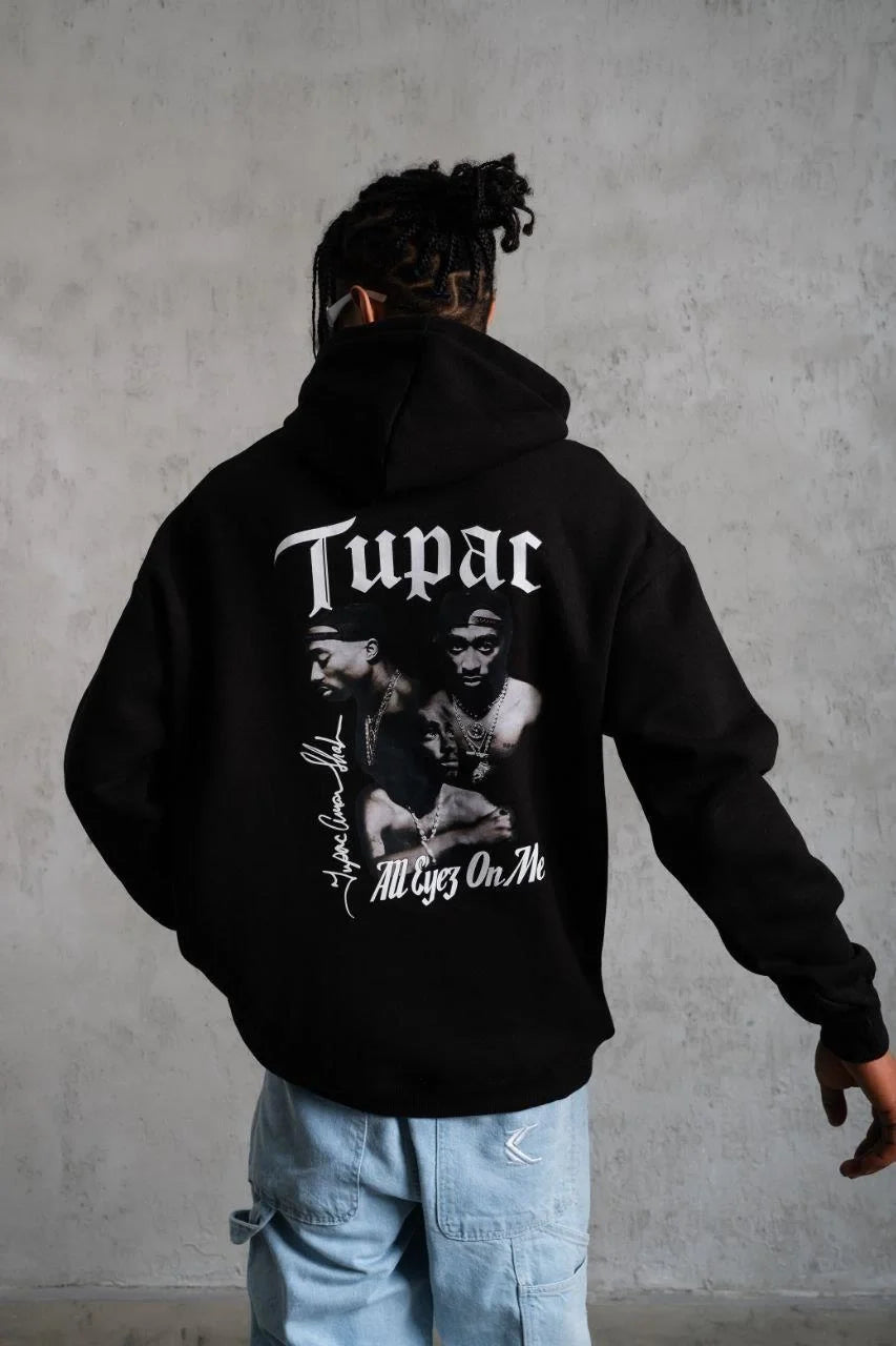 Erkek Oversize Üç İplik Kapüşonlu Sweat – Siyah Kol ve Etek Ribana Detaylı, Ön ve Sırt Baskılı, Kanguru Cepli Rahat Kalıp Model