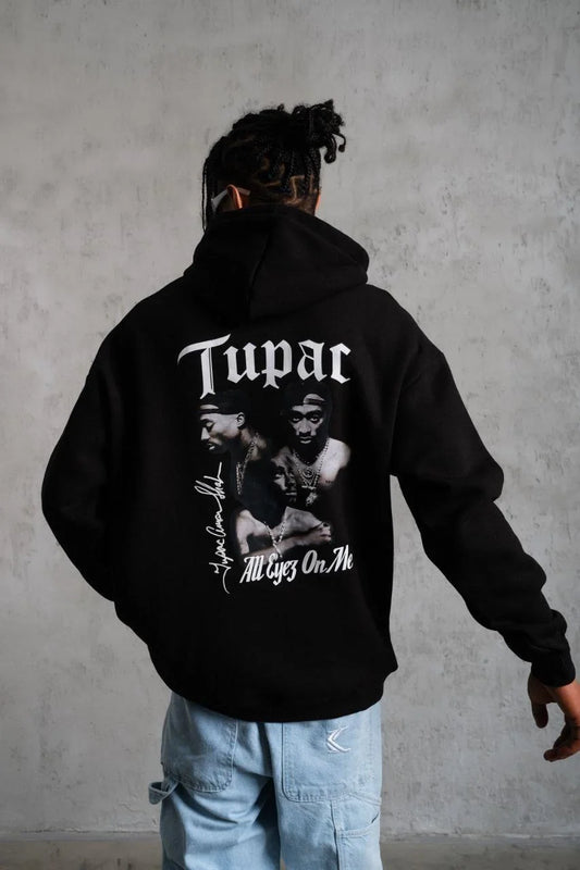 Erkek Oversize Üç İplik Kapüşonlu Sweat – Siyah Kol ve Etek Ribana Detaylı, Ön ve Sırt Baskılı, Kanguru Cepli Rahat Kalıp Model