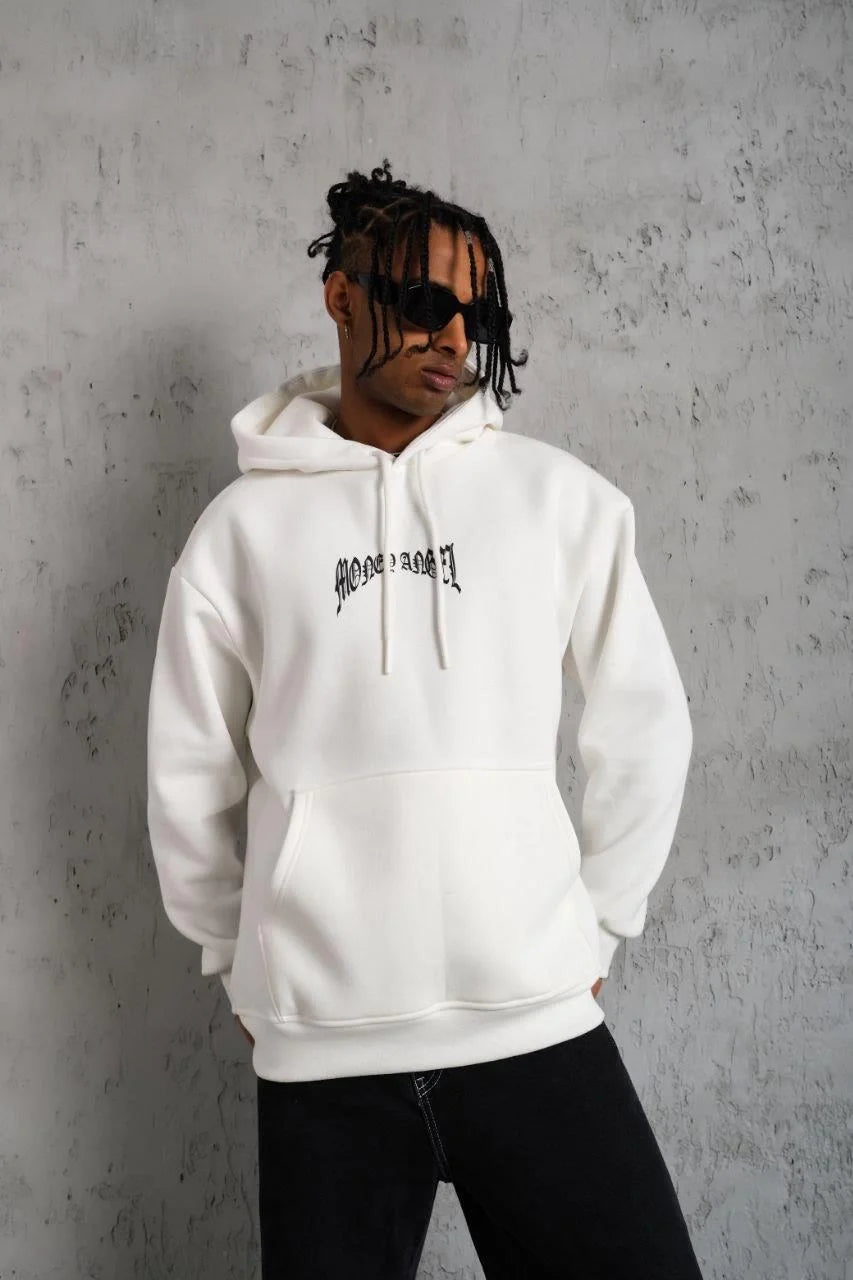 Erkek Kordon İpli Baskılı Kapüşonlu Sweatshirt - Siyah