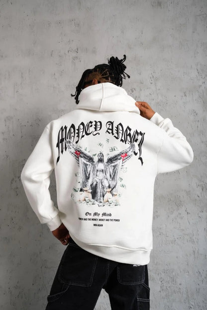 Erkek Kordon İpli Baskılı Kapüşonlu Sweatshirt - Siyah