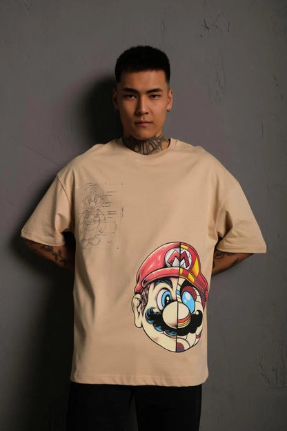 Erkek Mario Baskılı Oversize T-Shirt - Siyah