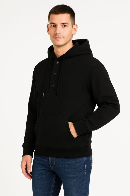 Erkek Ovarsize Kapüşonlu Swetshirt Kanguru Çepli Cıtcıtlı 3 iplik Şardonlu Hoodie - Siyah