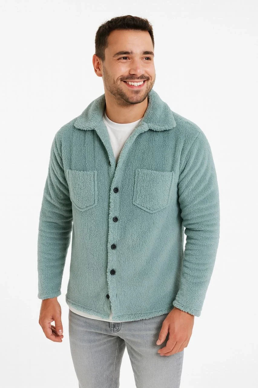 Erkek Pelüş Polar Hırka Gömlek – Yakalı, İlik Düğmeli, Göğüs Cepli, Yumuşak Dokulu Kışlık Regular Fit Rahat Günlük Model - Siyah