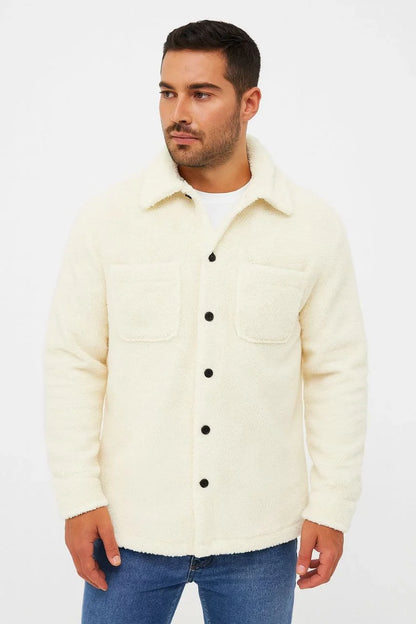 Erkek Pelüş Polar Hırka Gömlek – Yakalı, İlik Düğmeli, Göğüs Cepli, Yumuşak Dokulu Kışlık Regular Fit Rahat Günlük Model - Siyah