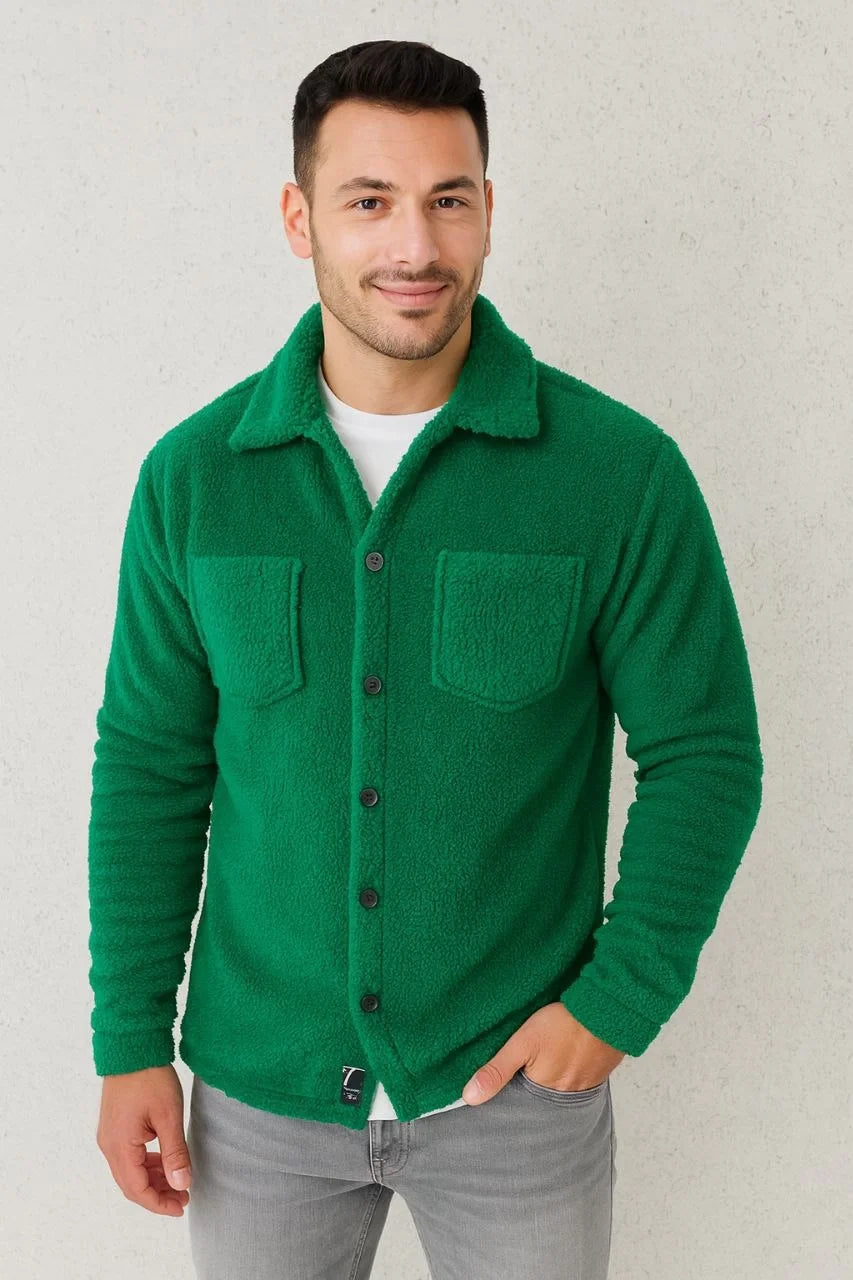 Erkek Pelüş Polar Hırka Gömlek – Yakalı, İlik Düğmeli, Göğüs Cepli, Yumuşak Dokulu Kışlık Regular Fit Rahat Günlük Model - Siyah