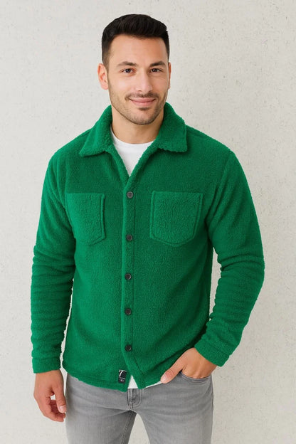 Erkek Pelüş Polar Hırka Gömlek – Yakalı, İlik Düğmeli, Göğüs Cepli, Yumuşak Dokulu Kışlık Regular Fit Rahat Günlük Model - Siyah