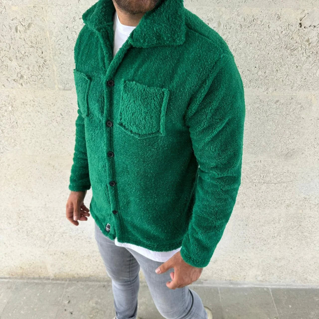 Erkek Pelüş Polar Hırka Gömlek – Yakalı, İlik Düğmeli, Göğüs Cepli, Yumuşak Dokulu Kışlık Regular Fit Rahat Günlük Model - Siyah