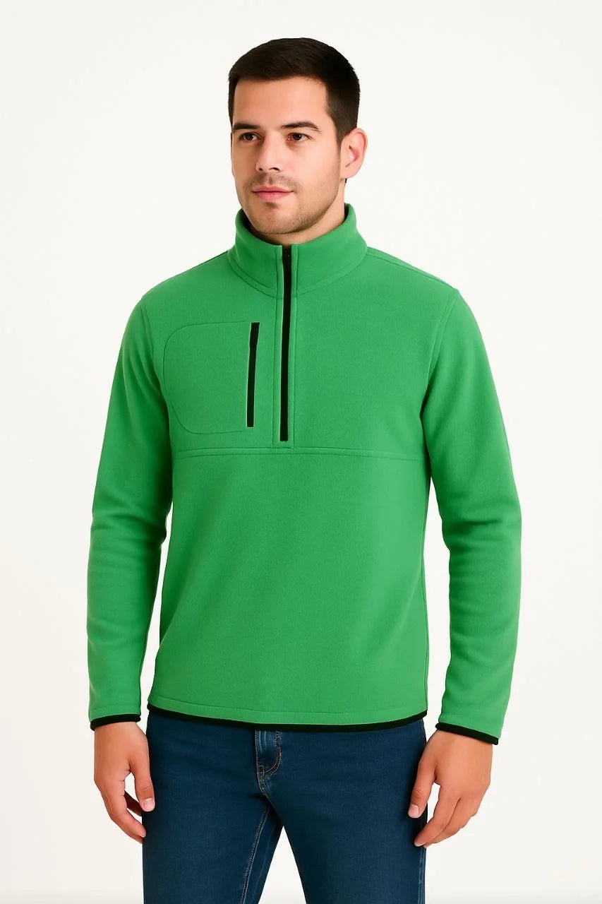 Erkek Polar Kazak – Dik Yaka, Yarım Fermuarlı, Fermuarlı Göğüs Cepli, Siyah Biyeli, Kışlık Rahat Regular Fit Günlük Model - Sarı