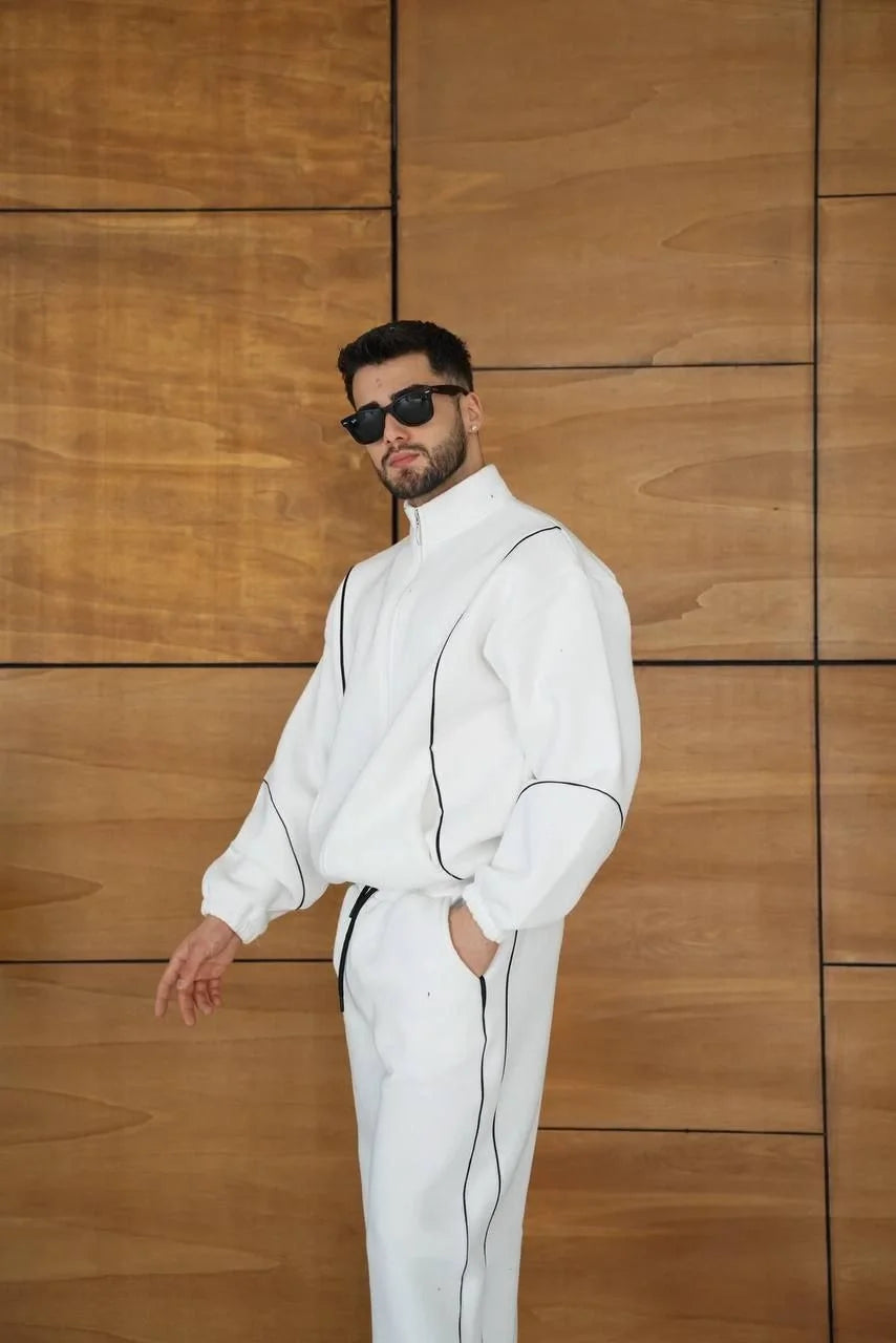 Erkek Premium Parçalı Eşofman Takım - Dik Yaka Fermuarlı Biyeli Sweatshirt Lastik Paça Alt, Oversize 3 iplik Şardonlu - Siyah