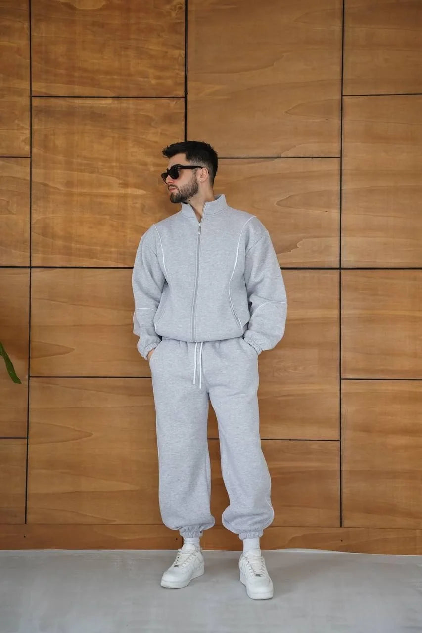 Erkek Premium Parçalı Eşofman Takım - Dik Yaka Fermuarlı Biyeli Sweatshirt Lastik Paça Alt, Oversize 3 iplik Şardonlu - Siyah