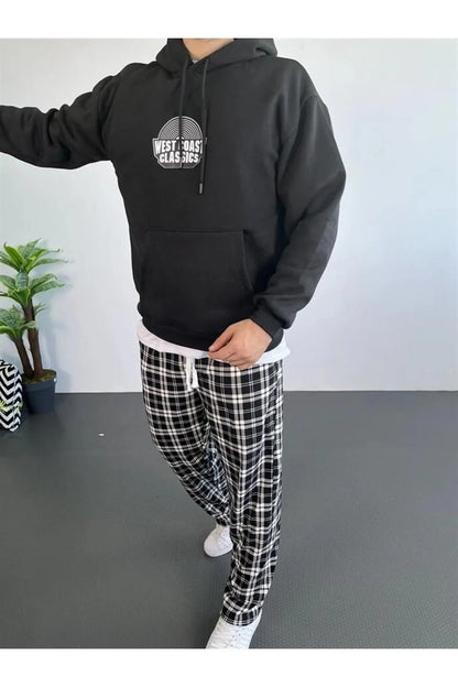 Erkek Oversize Üç İplik Kapüşonlu Sweatshirt – Beyaz Ön Baskılı, Kanguru Cepli, Rahat Kalıp, İçi Pamuklu Model