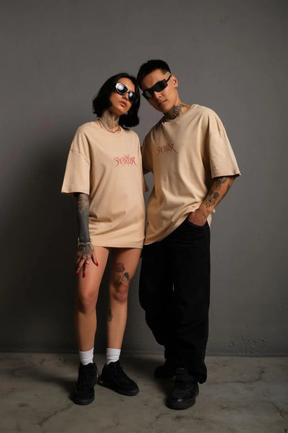 Erkek Oversize Tişört – Beyaz 24/1 Penye Kumaş, Bisiklet Yaka, Ön & Arka Baskılı, Streetwear Tarzı Rahat Büyük Kalıp T-Shirt - Bej