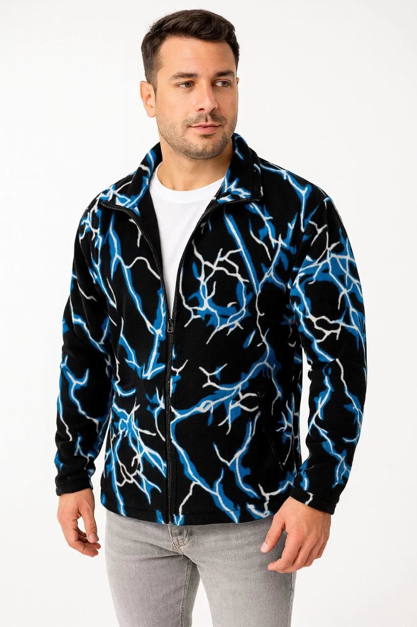 Erkek Tam Fermuarlı Desenli Polar Sweat Lightning Desen Yakalı, Uzun Kollu, Oversize Rahat Kalıp - Beyaz