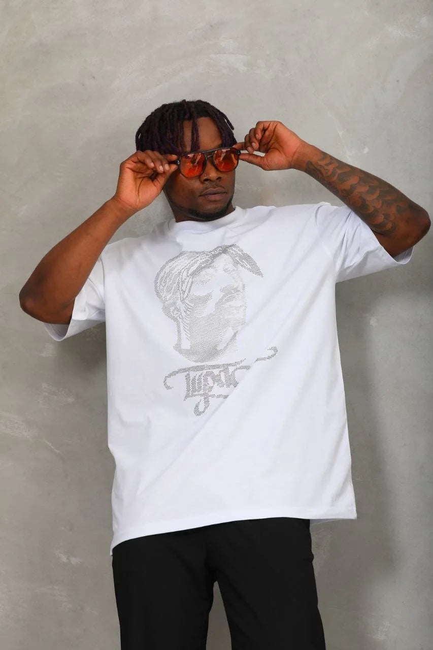 Unisex Oversize Taşlı Bisiklet Yaka T-Shirt - Füme