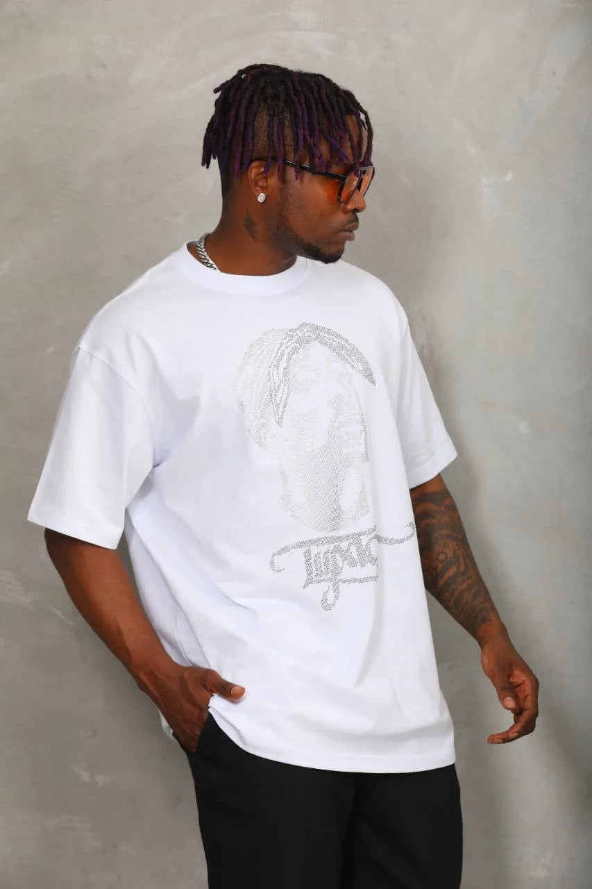 Unisex Oversize Taşlı Bisiklet Yaka T-Shirt - Füme