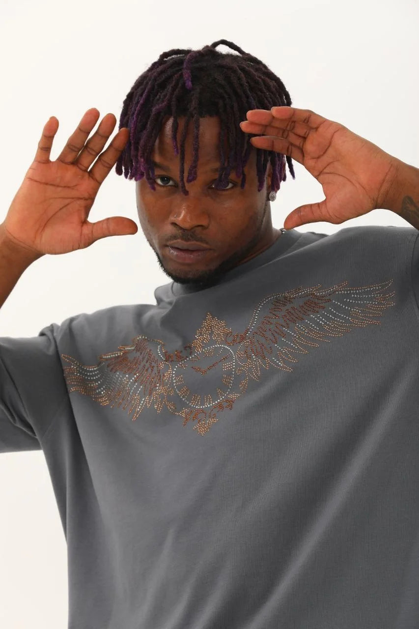 Unisex Oversize Taşlı Bisiklet Yaka T-Shirt - Beyaz