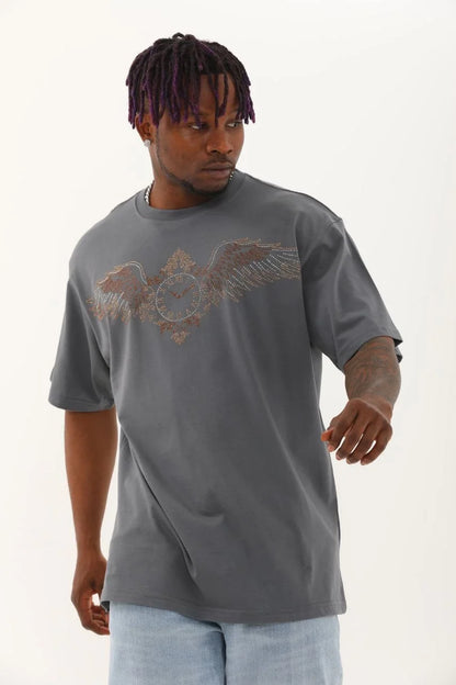 Unisex Oversize Taşlı Bisiklet Yaka T-Shirt - Beyaz