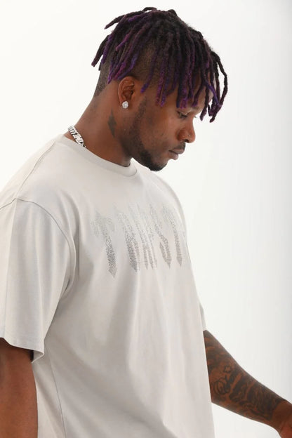 Unisex Oversize Taşlı Bisiklet Yaka T-Shirt - Beyaz